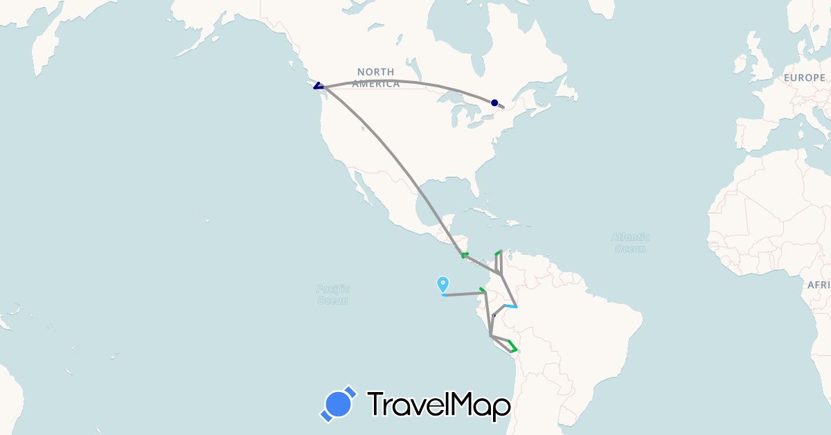 TravelMap itinerary: driving, bus, plane, boat in Canada, Colombia, Costa Rica, Ecuador, Peru (North America, South America)
